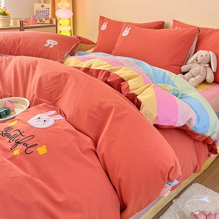 雅居纺家纺 2024新款全棉水洗棉绣花四件套 阿兔