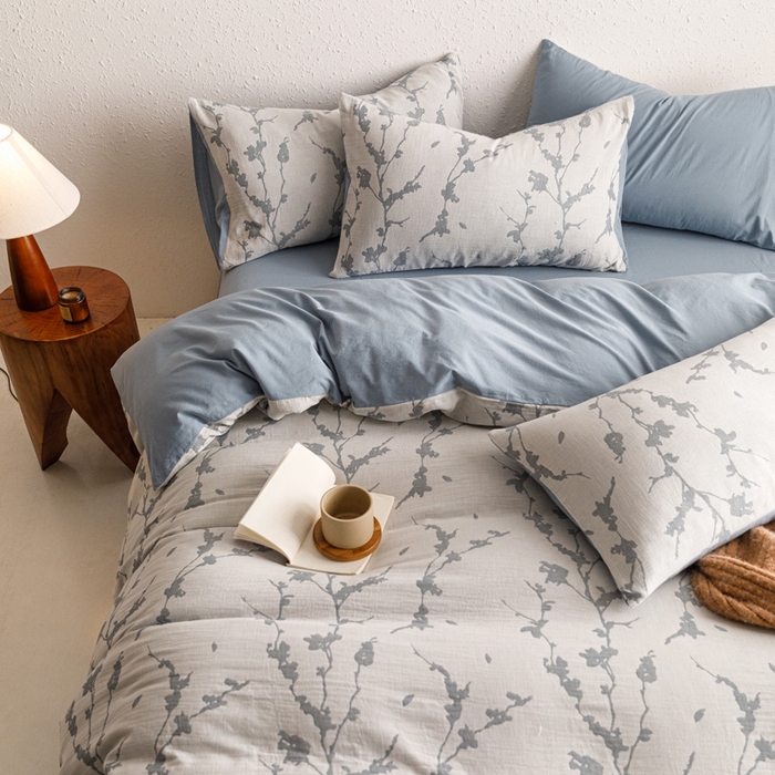 91家纺网 家纺一手货源 找家纺 雅居纺家纺 2024新款双层纱色织提花四件套 初春-蓝