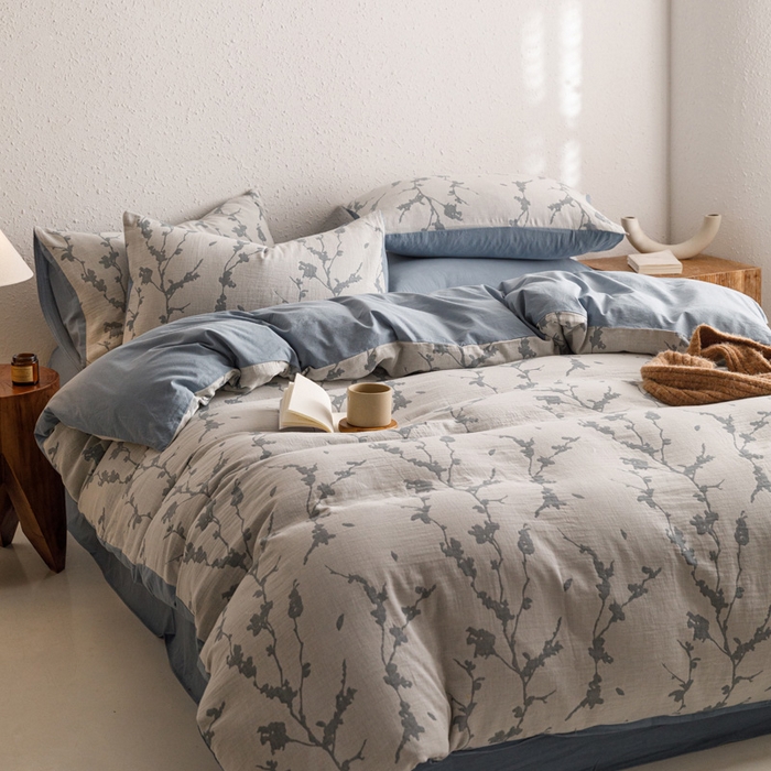 91家纺网 家纺一手货源 找家纺 雅居纺家纺 2024新款双层纱色织提花四件套 初春-蓝