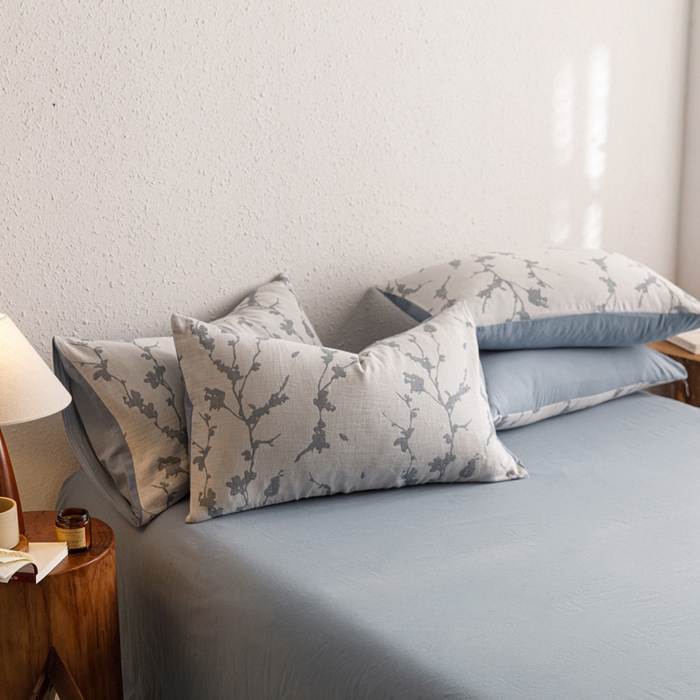 91家纺网 家纺一手货源 找家纺 雅居纺家纺 2024新款双层纱色织提花四件套 初春-蓝