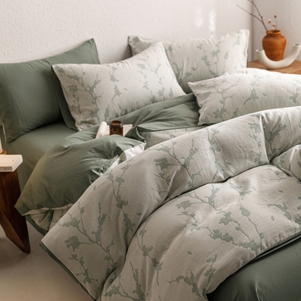 雅居纺家纺 2024新款双层纱色织提花四件套 初春-绿