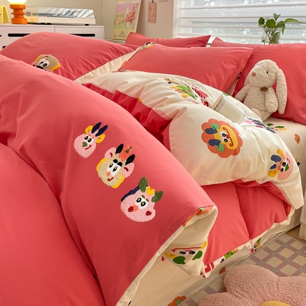 雅居纺家纺 2024新款全棉水洗棉绣花四件套 齐乐龙龙