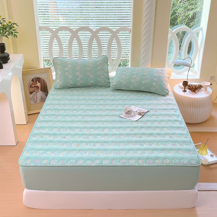 91家纺网 家纺一手货源 找家纺 尊康家纺（原磊科） 2024新款亲肤奶昔棉夹棉床笠-星空 星空-水绿