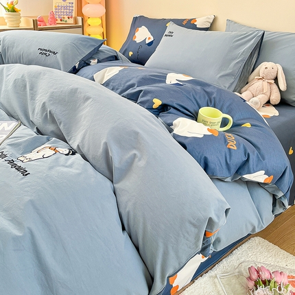 雅居纺家纺 2024新款全棉水洗棉绣花四件套 可爱鸭