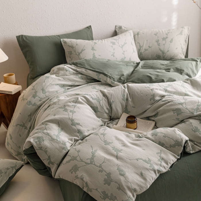 91家纺网 家纺一手货源 找家纺 雅居纺家纺 2024新款双层纱色织提花四件套 初春-绿