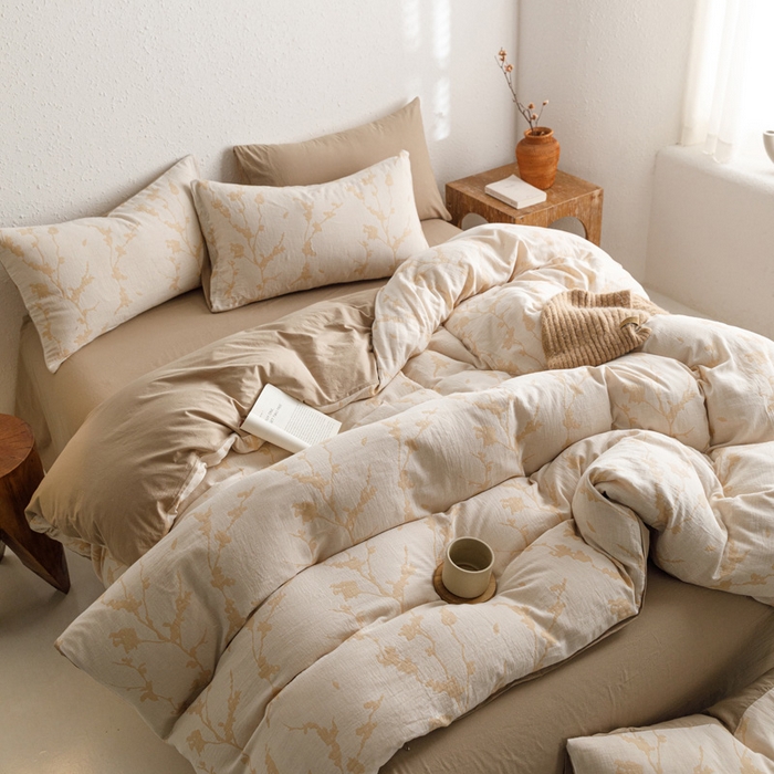 91家纺网 家纺一手货源 找家纺 雅居纺家纺 2024新款双层纱色织提花四件套 初春-卡其