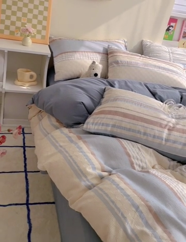 91家纺网 家纺一手货源 找家纺 雅居纺家纺 2024新款全棉华夫格提花四件套-简希 简希-浅蓝