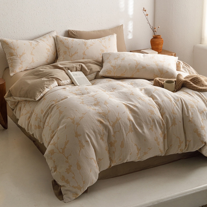 91家纺网 家纺一手货源 找家纺 雅居纺家纺 2024新款双层纱色织提花四件套 初春-卡其