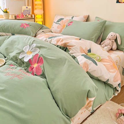 雅居纺家纺 2024新款全棉水洗棉绣花四件套 花的浪漫