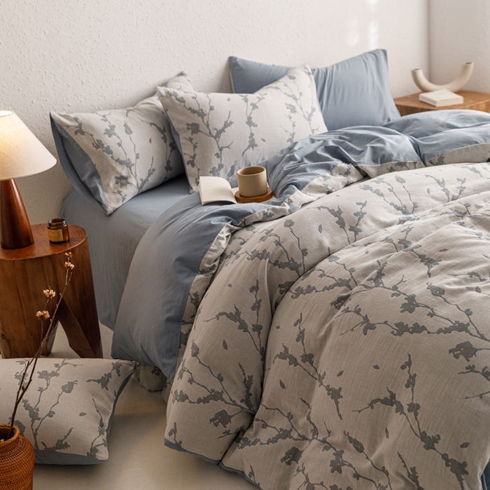 91家纺网 家纺一手货源 找家纺 雅居纺家纺 2024新款双层纱色织提花四件套 初春-蓝