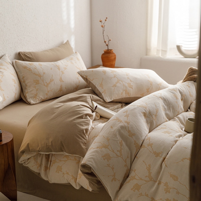 91家纺网 家纺一手货源 找家纺 雅居纺家纺 2024新款双层纱色织提花四件套 初春-卡其