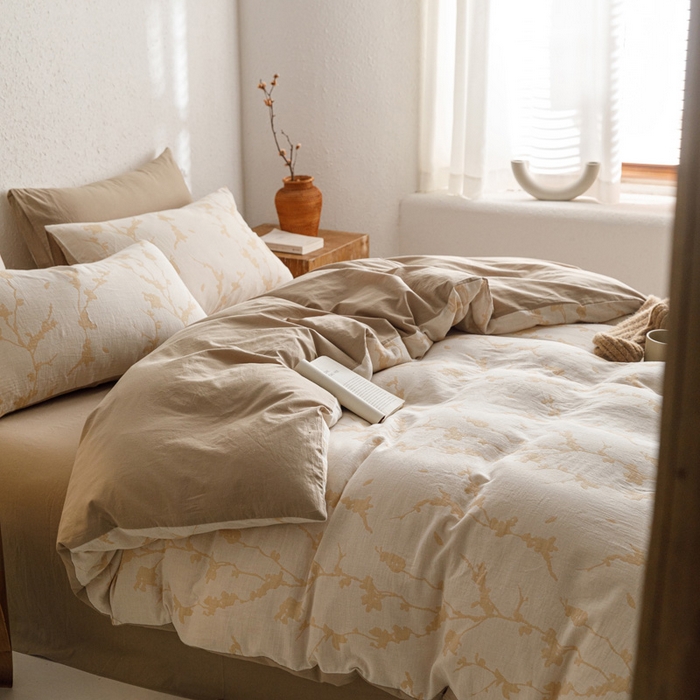 91家纺网 家纺一手货源 找家纺 雅居纺家纺 2024新款双层纱色织提花四件套 初春-卡其