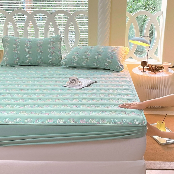 91家纺网 家纺一手货源 找家纺 尊康家纺（原磊科） 2024新款亲肤奶昔棉夹棉床笠-星空 星空-水绿