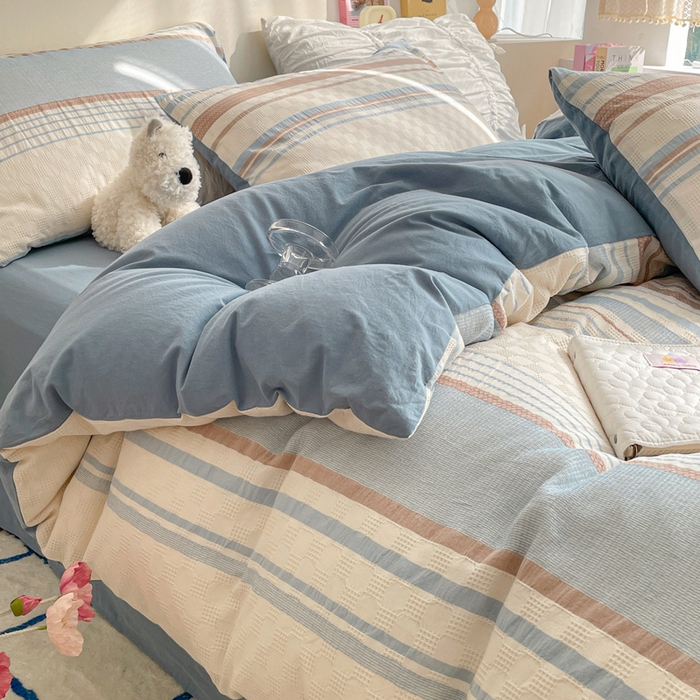 91家纺网 家纺一手货源 找家纺 雅居纺家纺 2024新款全棉华夫格提花四件套-简希 简希-浅蓝