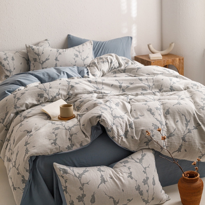 91家纺网 家纺一手货源 找家纺 雅居纺家纺 2024新款双层纱色织提花四件套 初春-蓝