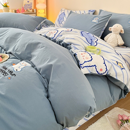 91家纺网 家纺一手货源 找家纺 雅居纺家纺 2024新款全棉水洗棉绣花四件套 顽皮熊