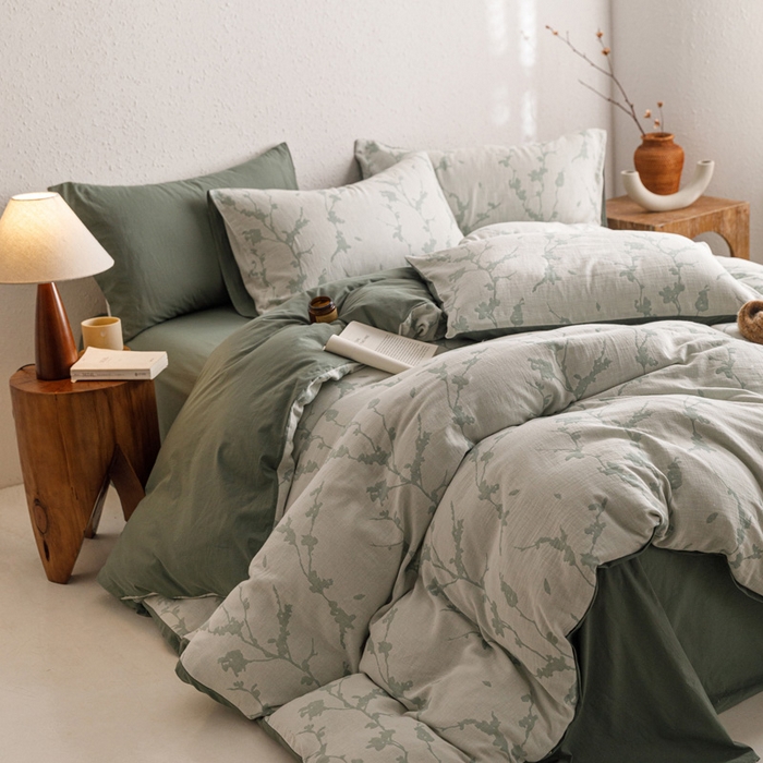 91家纺网 家纺一手货源 找家纺 雅居纺家纺 2024新款双层纱色织提花四件套 初春-绿