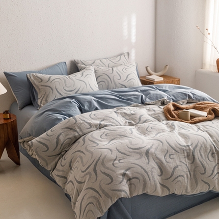 雅居纺家纺 2024新款双层纱色织提花四件套 潮流-蓝