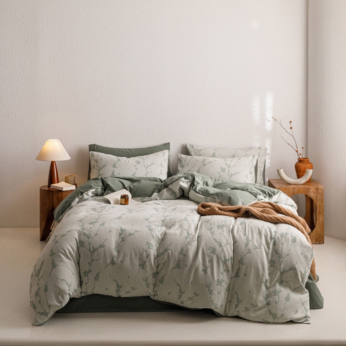 91家纺网 家纺一手货源 找家纺 雅居纺家纺 2024新款双层纱色织提花四件套 初春-绿