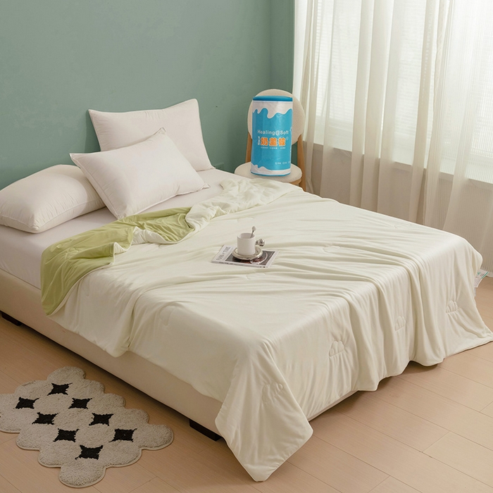 91家纺网 家纺一手货源 找家纺 亚龙工厂店 2024新款两面派A类抗菌冻冻被 奶黄+绿