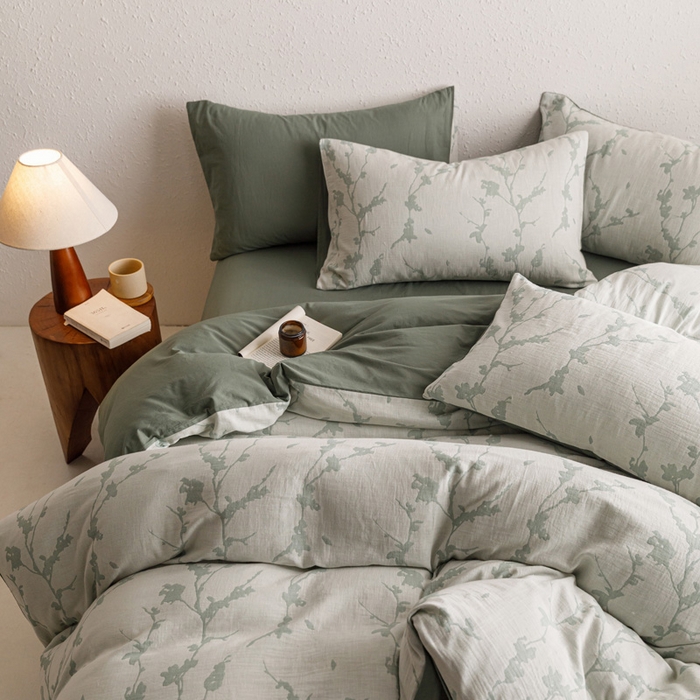 91家纺网 家纺一手货源 找家纺 雅居纺家纺 2024新款双层纱色织提花四件套 初春-绿