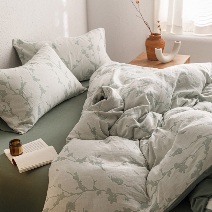 91家纺网 家纺一手货源 找家纺 雅居纺家纺 2024新款双层纱色织提花四件套 初春-绿