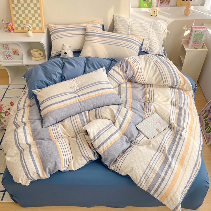 91家纺网 家纺一手货源 找家纺 雅居纺家纺 2024新款全棉华夫格提花四件套-简希 简希-深蓝