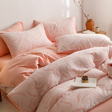 雅居纺家纺 2024新款双层纱色织提花四件套 潮流-粉