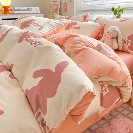 雅居纺家纺 2024新款全棉LUCK兔四件套 LUCK兔兔粉