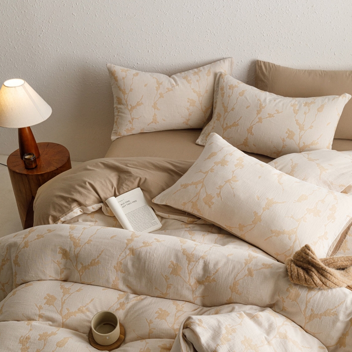 91家纺网 家纺一手货源 找家纺 雅居纺家纺 2024新款双层纱色织提花四件套 初春-卡其