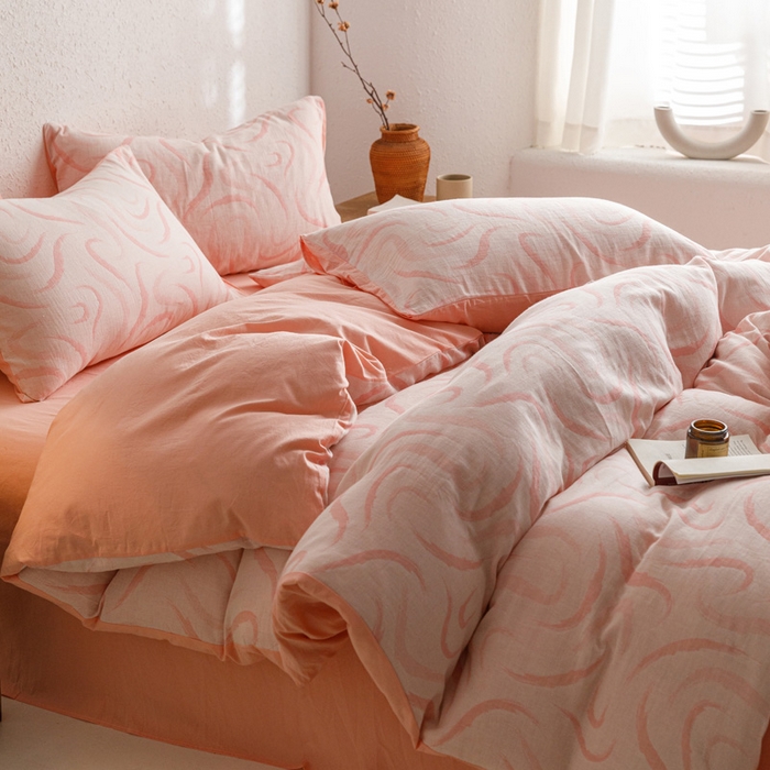 91家纺网 家纺一手货源 找家纺 雅居纺家纺 2024新款双层纱色织提花四件套 潮流-粉