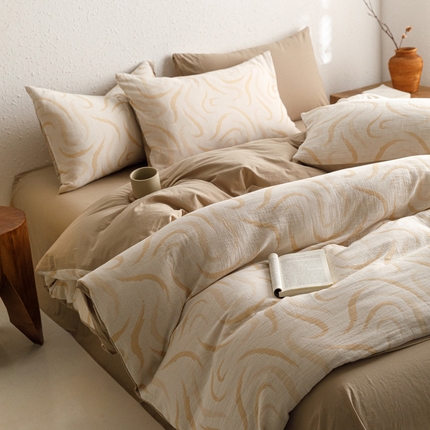 雅居纺家纺 2024新款双层纱色织提花四件套 潮流-卡其