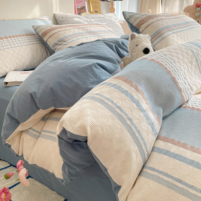 91家纺网 家纺一手货源 找家纺 雅居纺家纺 2024新款全棉华夫格提花四件套-简希 简希-浅蓝