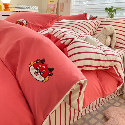 雅居纺家纺 2024新款全棉水洗棉绣花四件套 好运龙-红