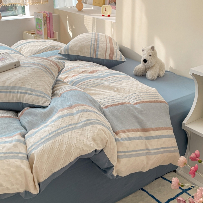 91家纺网 家纺一手货源 找家纺 雅居纺家纺 2024新款全棉华夫格提花四件套-简希 简希-浅蓝