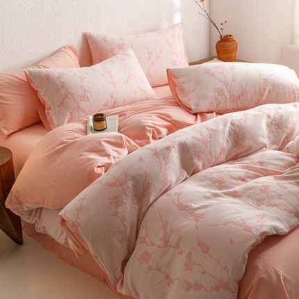 雅居纺家纺 2024新款双层纱色织提花四件套 初春-粉