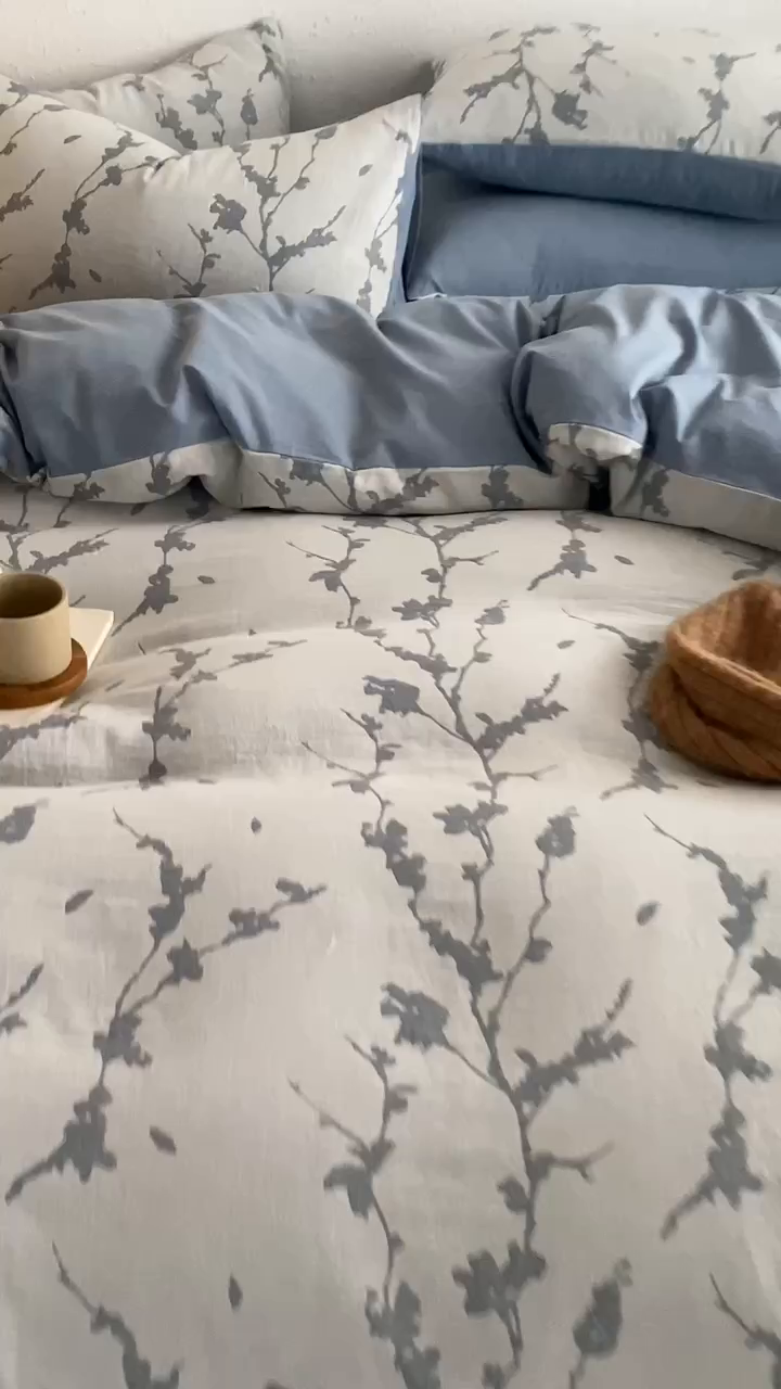 91家纺网 家纺一手货源 找家纺 雅居纺家纺 2024新款双层纱色织提花四件套 初春-蓝