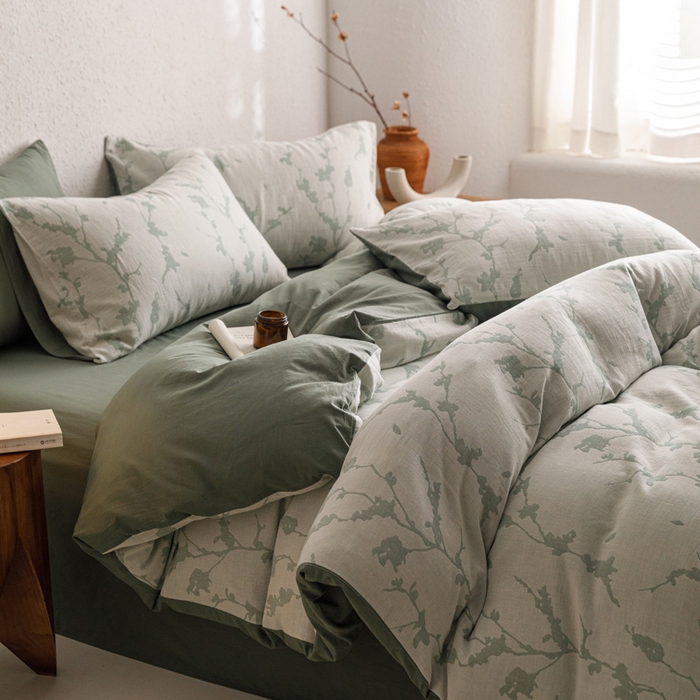 91家纺网 家纺一手货源 找家纺 雅居纺家纺 2024新款双层纱色织提花四件套 初春-绿