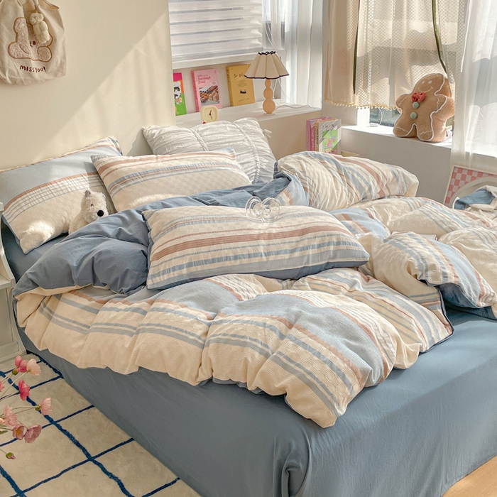 91家纺网 家纺一手货源 找家纺 雅居纺家纺 2024新款全棉华夫格提花四件套-简希 简希-浅蓝