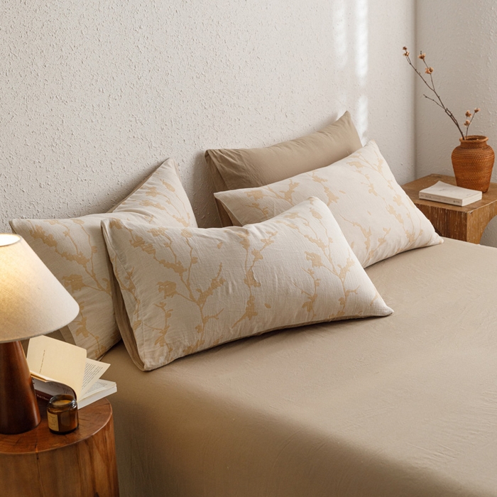 91家纺网 家纺一手货源 找家纺 雅居纺家纺 2024新款双层纱色织提花四件套 初春-卡其