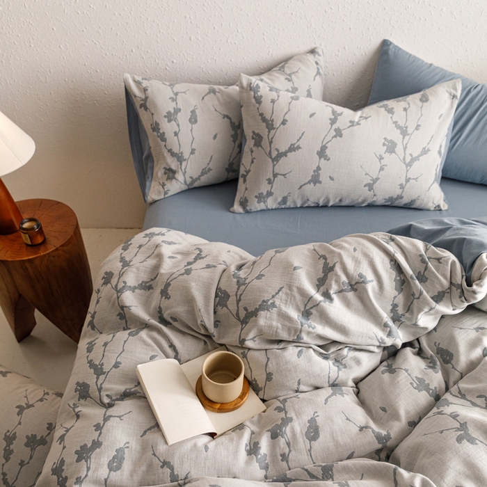 91家纺网 家纺一手货源 找家纺 雅居纺家纺 2024新款双层纱色织提花四件套 初春-蓝