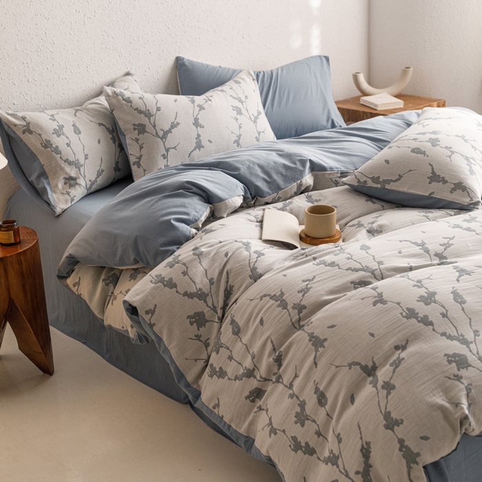 91家纺网 家纺一手货源 找家纺 雅居纺家纺 2024新款双层纱色织提花四件套 初春-蓝