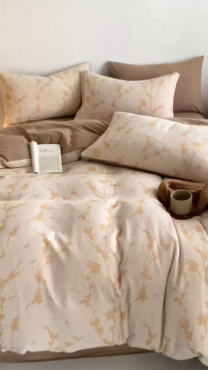 91家纺网 家纺一手货源 找家纺 雅居纺家纺 2024新款双层纱色织提花四件套 初春-卡其