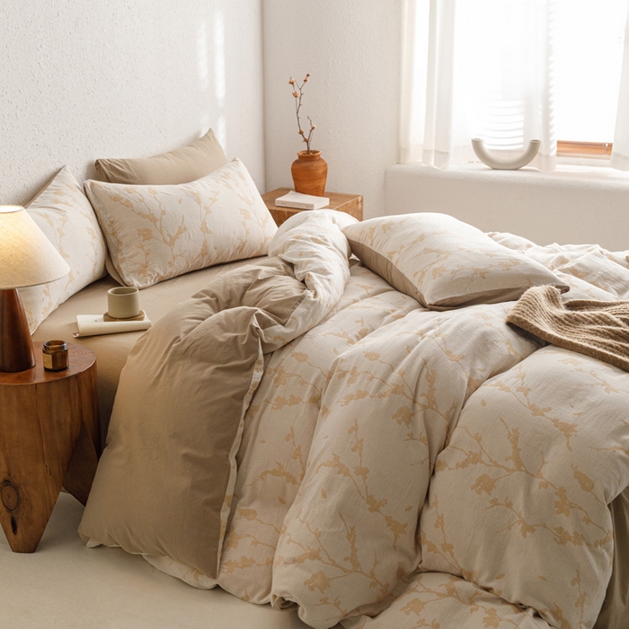 91家纺网 家纺一手货源 找家纺 雅居纺家纺 2024新款双层纱色织提花四件套 初春-卡其