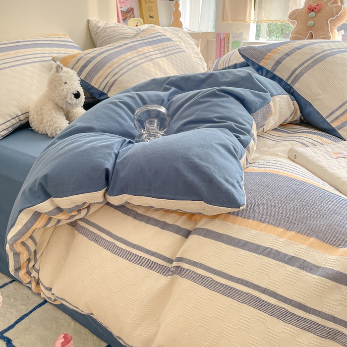 91家纺网 家纺一手货源 找家纺 雅居纺家纺 2024新款全棉华夫格提花四件套-简希 简希-深蓝