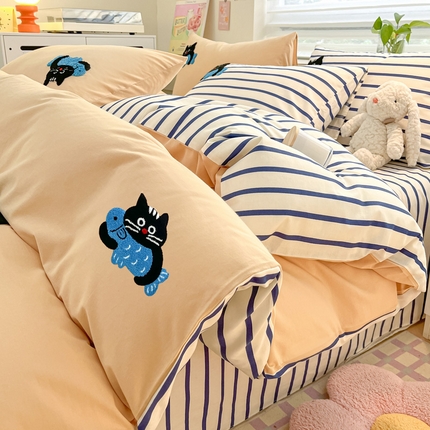 雅居纺家纺 2024新款全棉水洗棉绣花四件套 猫咪日记