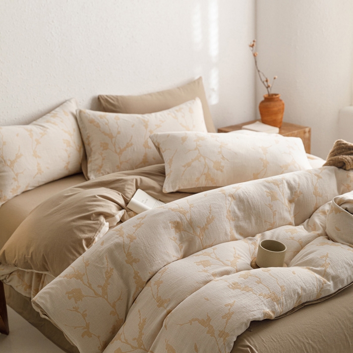 91家纺网 家纺一手货源 找家纺 雅居纺家纺 2024新款双层纱色织提花四件套 初春-卡其