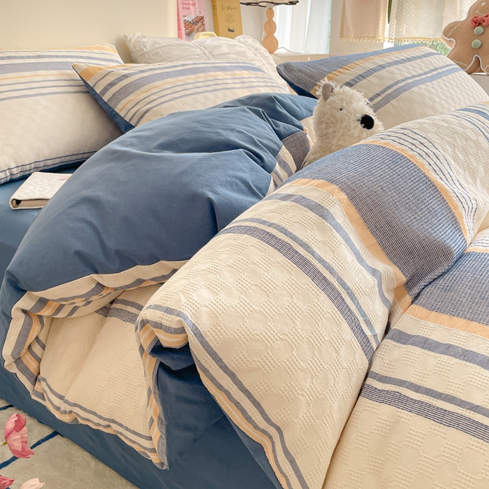 91家纺网 家纺一手货源 找家纺 雅居纺家纺 2024新款全棉华夫格提花四件套-简希 简希-深蓝