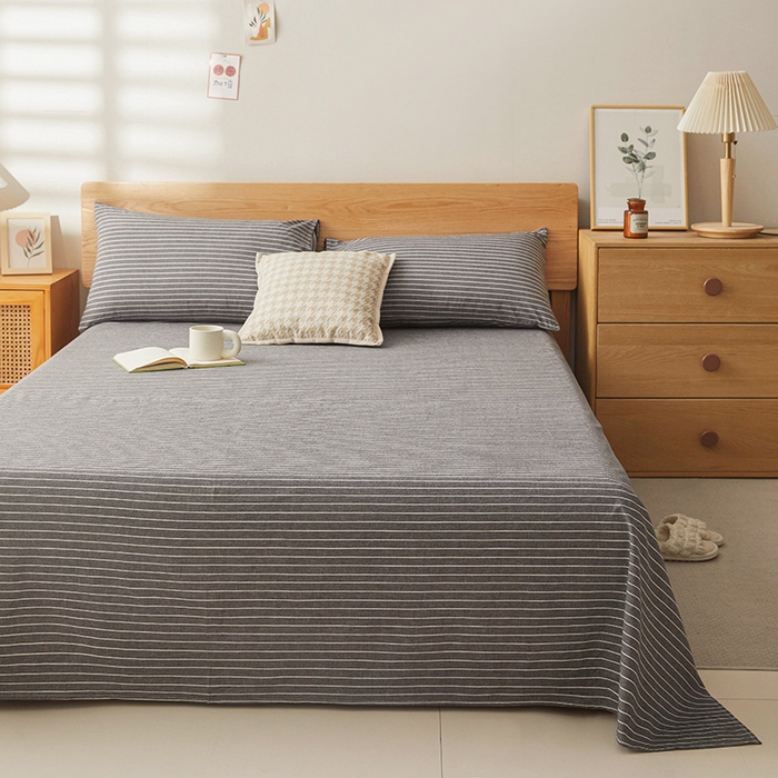 91家纺网 家纺一手货源 找家纺 恋人优选 2024新款色织纯棉水洗棉单床单 灰细条