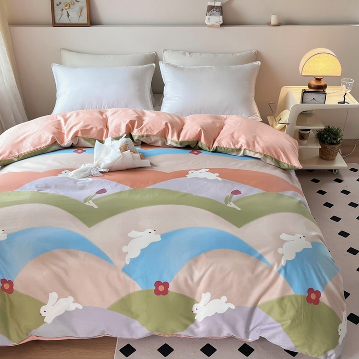 91家纺网 家纺一手货源 找家纺 艾迪尚 2025新款133X76宽幅全棉印花单被套 彩色兔园